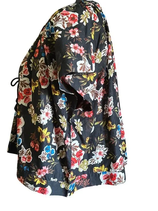 Floral Black Short-Sleeve Blouse With Tassel Tie Neck By Marc New York Jeans - S - Picture 4 of 6